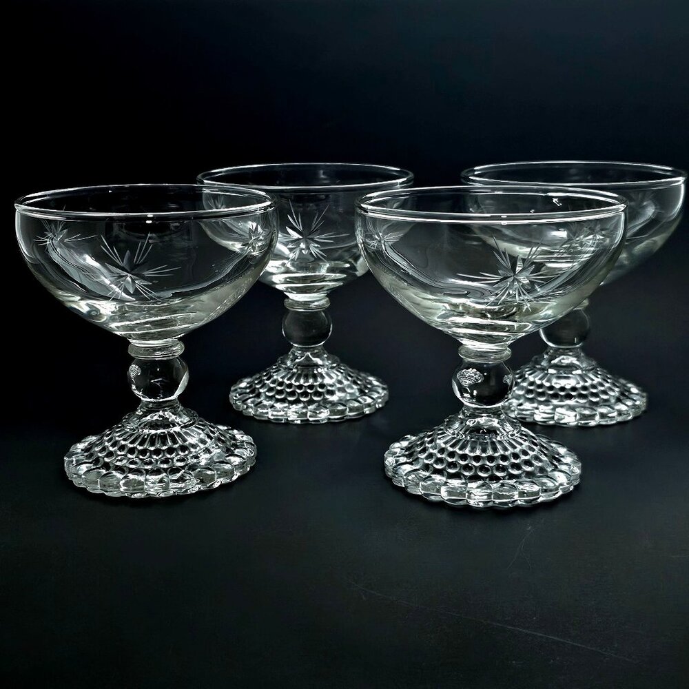 Anchor Hocking Bubble Foot Champagne Glasses 6oz cut glass starburst rays 4pc - Picture 2 of 8